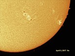 The Sun taken thru a Lunt 100 Ha scope on April 3rd 2017. Shows AR2645 near centre. Single exposure with Canon 550d.
