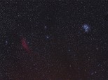 Pleiades (M45) and California Nebula on the same wide field image. Taken with a Baader Modded Canon 450D, furnished with an Astronomik EOS Clip on CLS-CCD filter and Canon 50mm lens @ f2.8, fixed on a Celestron CG5 mount. 61 x 60 seconds each Dark and Bias calibrated.- 13 Oct 2012